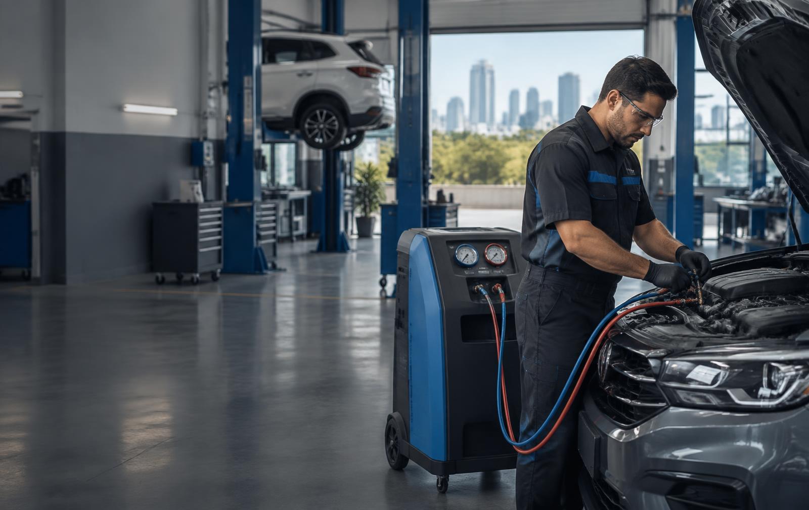Técnico fazendo manutenção no ar-condicionado de um veículo